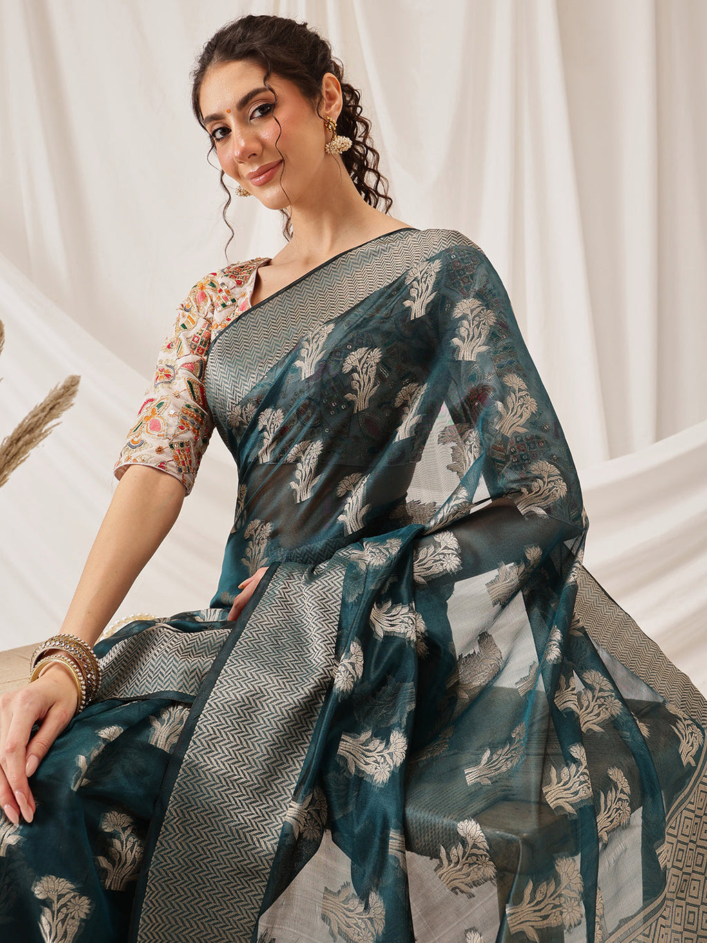 Hiral Fashion Teal Banarasi Organza Silk Floral Woven Design Saree