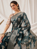 Hiral Fashion Teal Banarasi Organza Silk Floral Woven Design Saree