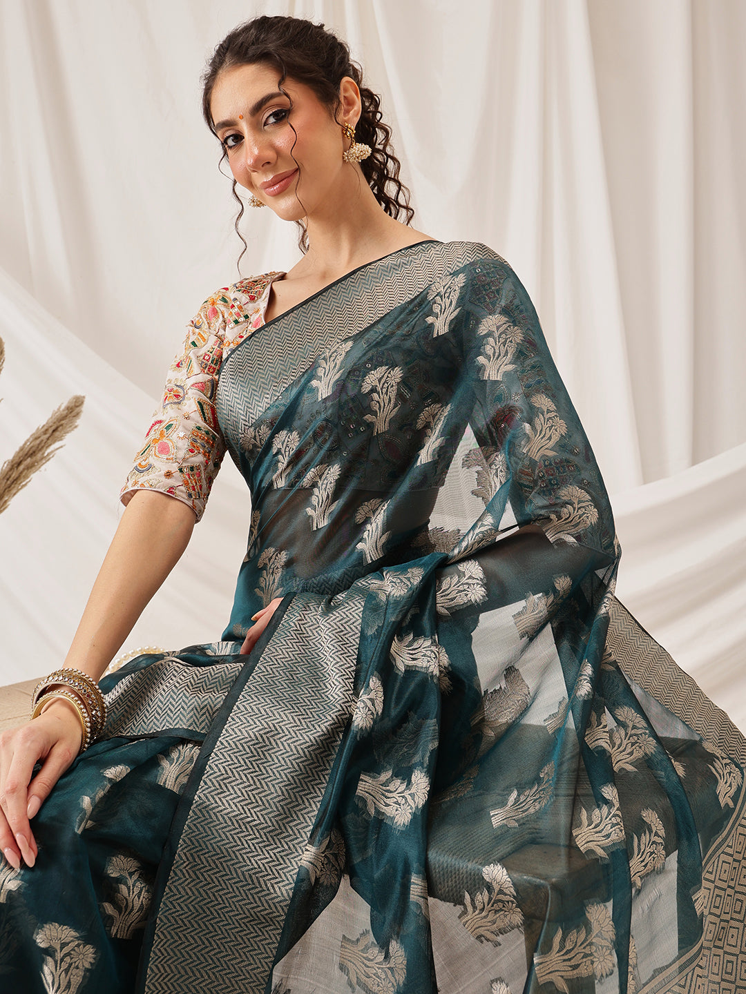 Hiral Fashion Teal Banarasi Organza Silk Floral Woven Design Saree
