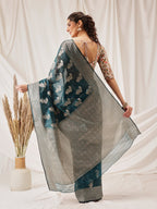 Hiral Fashion Teal Banarasi Organza Silk Floral Woven Design Saree