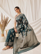 Hiral Fashion Teal Banarasi Organza Silk Floral Woven Design Saree