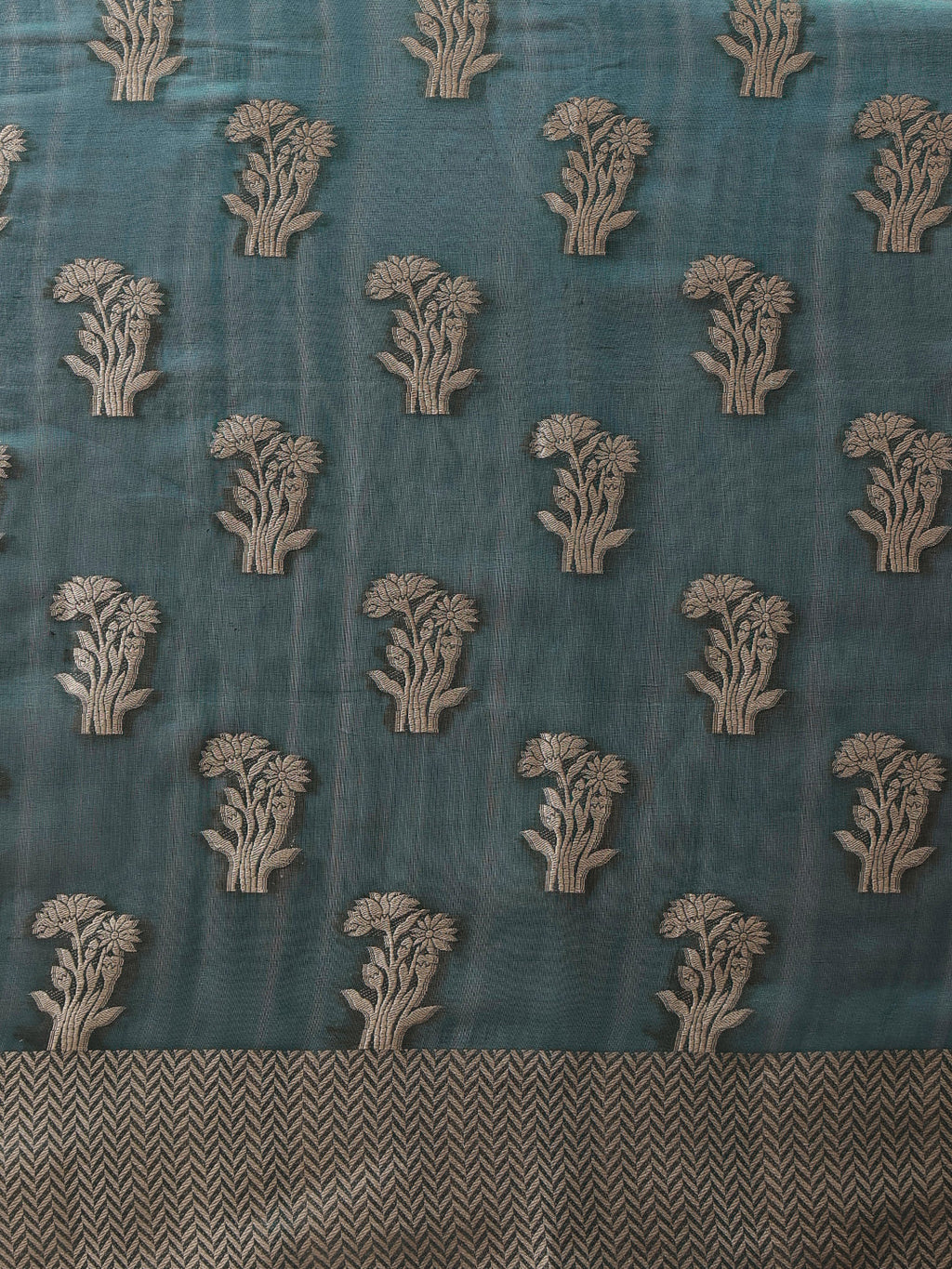 Hiral Fashion Teal Banarasi Organza Silk Floral Woven Design Saree