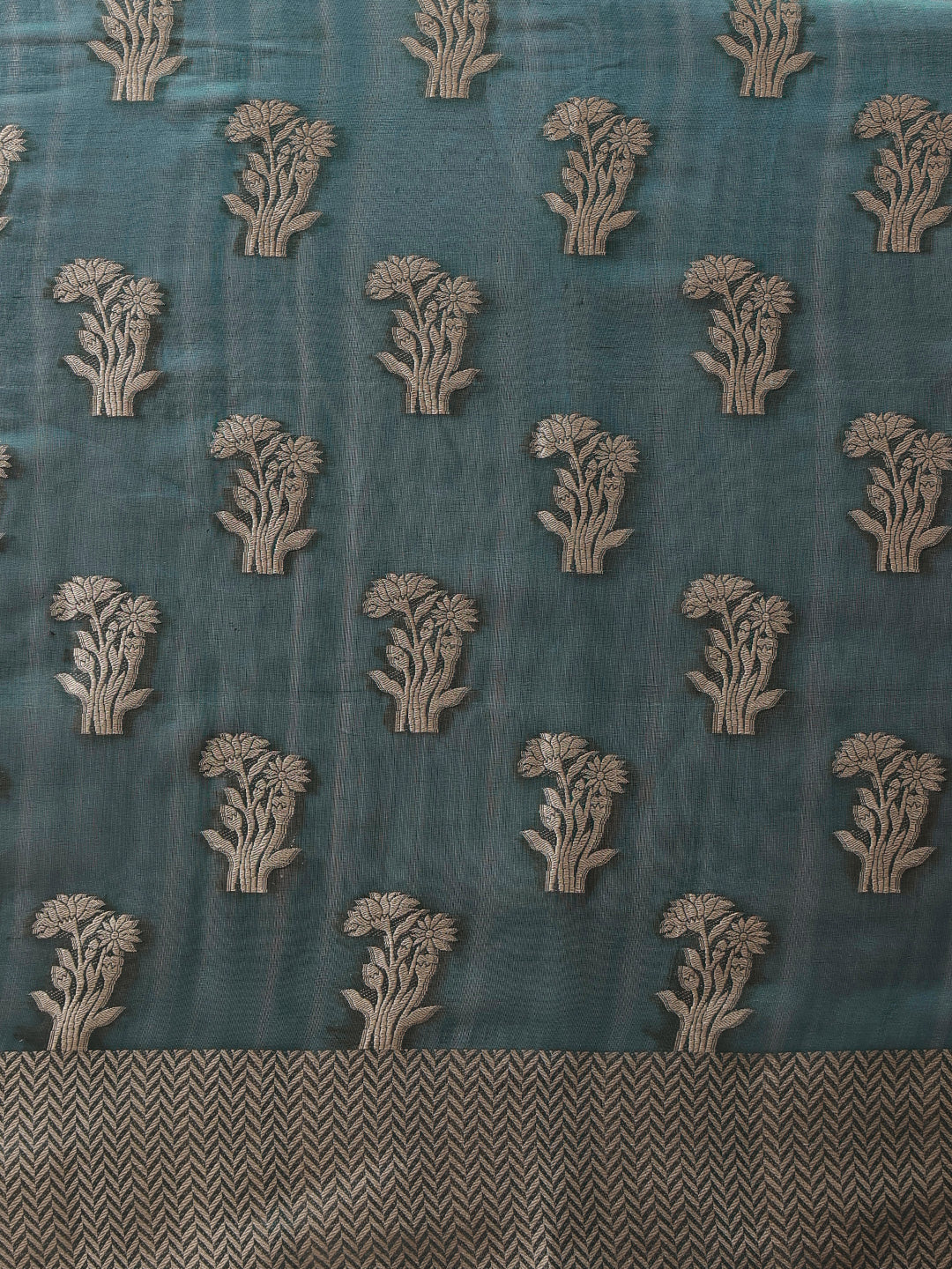 Hiral Fashion Teal Banarasi Organza Silk Floral Woven Design Saree