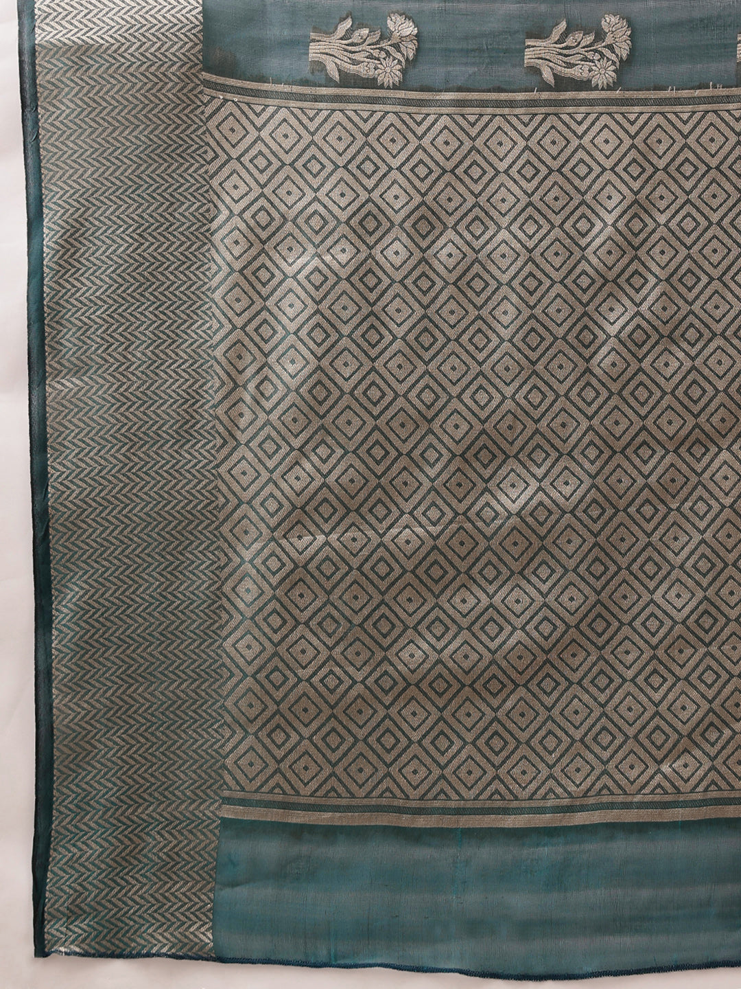 Hiral Fashion Teal Banarasi Organza Silk Floral Woven Design Saree