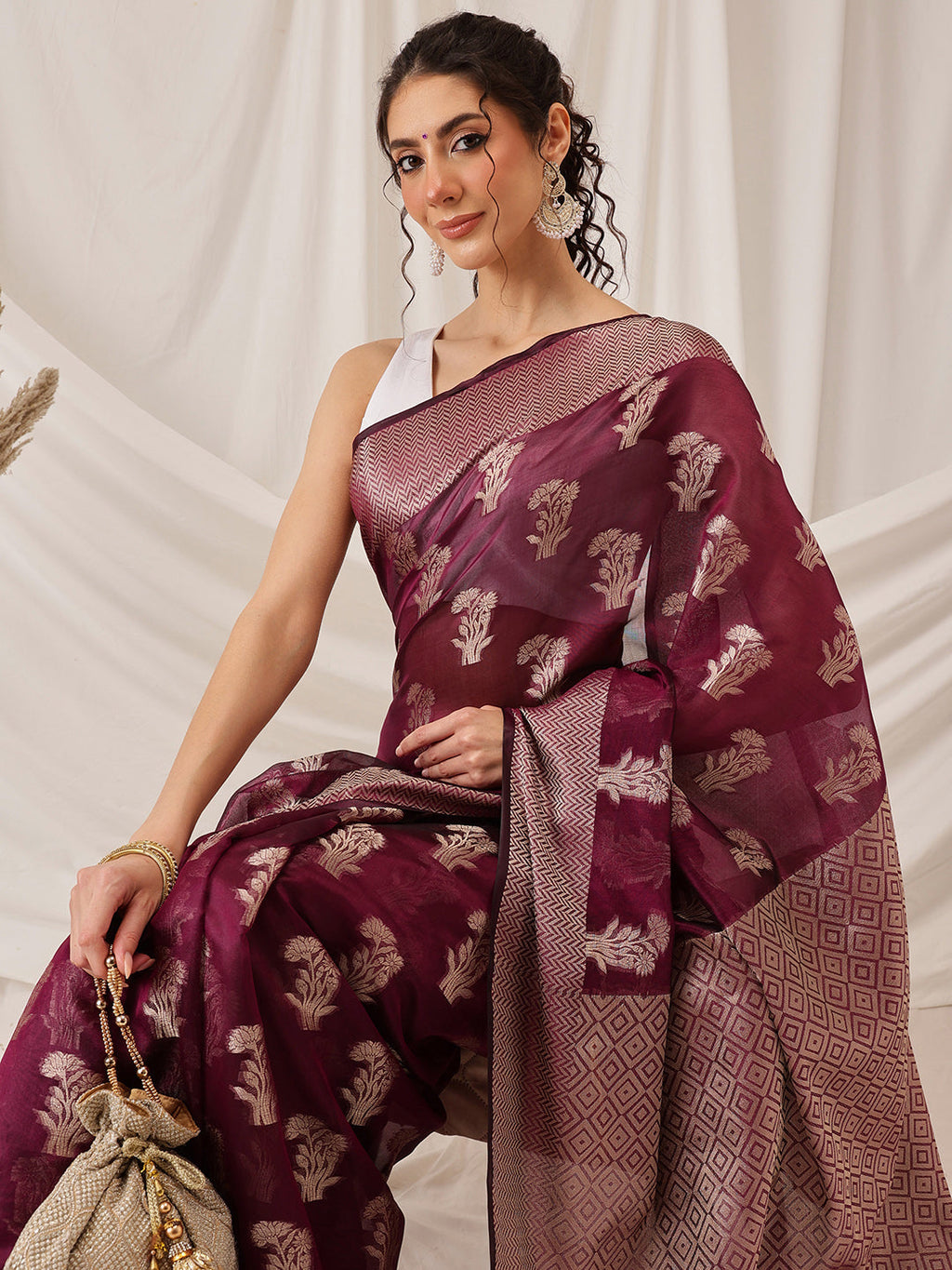 Hiral Fashion Purple Banarasi Organza Silk Floral Woven Design Saree