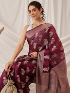 Hiral Fashion Purple Banarasi Organza Silk Floral Woven Design Saree