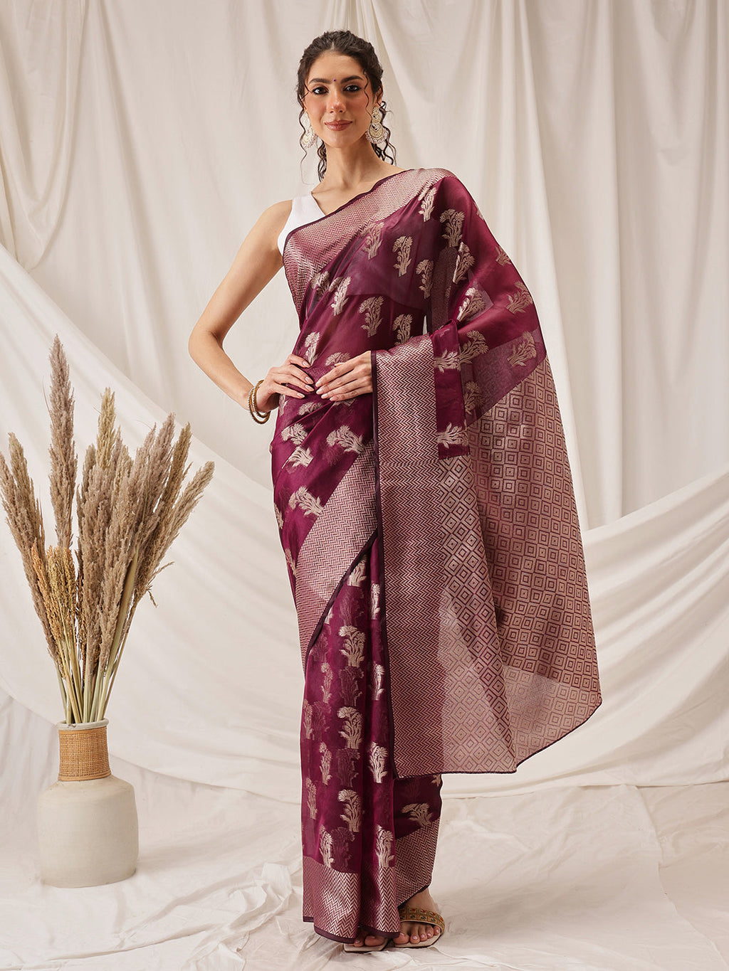 Hiral Fashion Purple Banarasi Organza Silk Floral Woven Design Saree