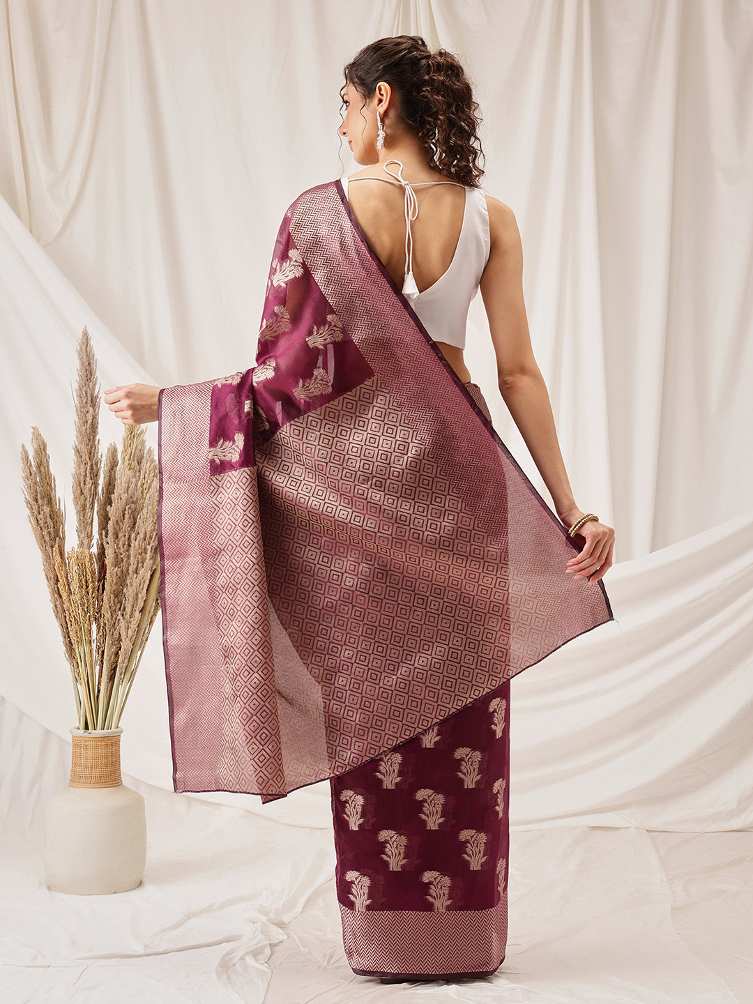 Hiral Fashion Purple Banarasi Organza Silk Floral Woven Design Saree