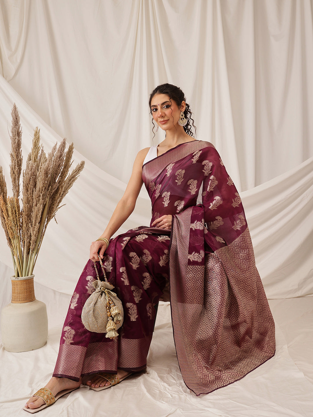 Hiral Fashion Purple Banarasi Organza Silk Floral Woven Design Saree
