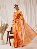 Hiral Fashion Yellow Banarasi Organza Silk Floral Woven Design Saree