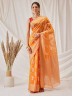 Hiral Fashion Yellow Banarasi Organza Silk Floral Woven Design Saree