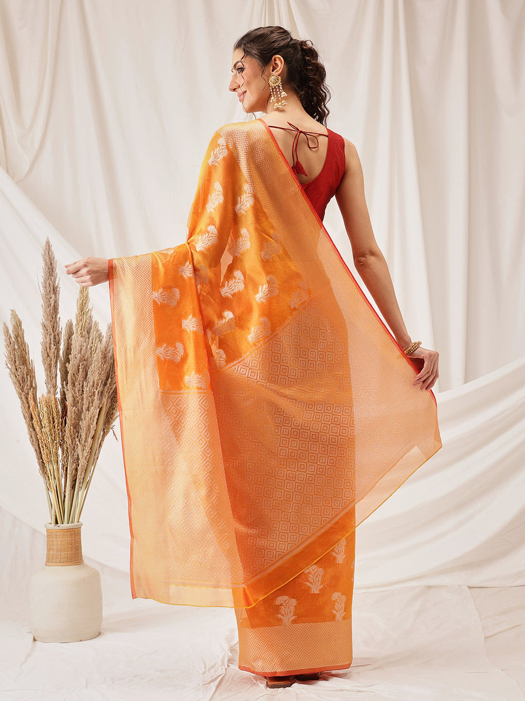 Hiral Fashion Yellow Banarasi Organza Silk Floral Woven Design Saree