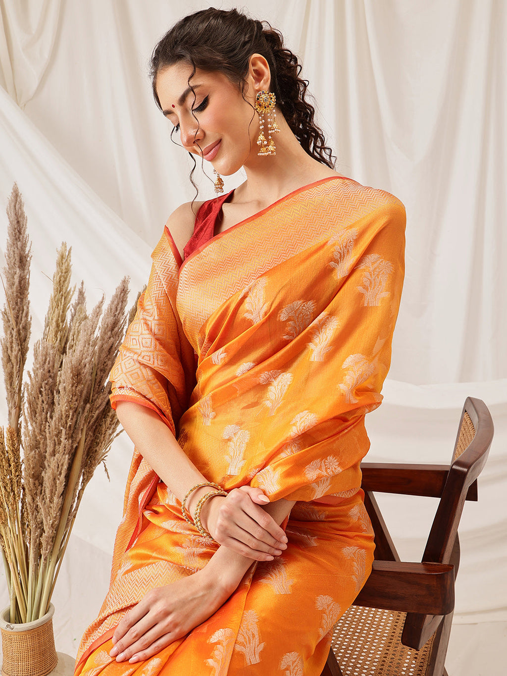 Hiral Fashion Yellow Banarasi Organza Silk Floral Woven Design Saree