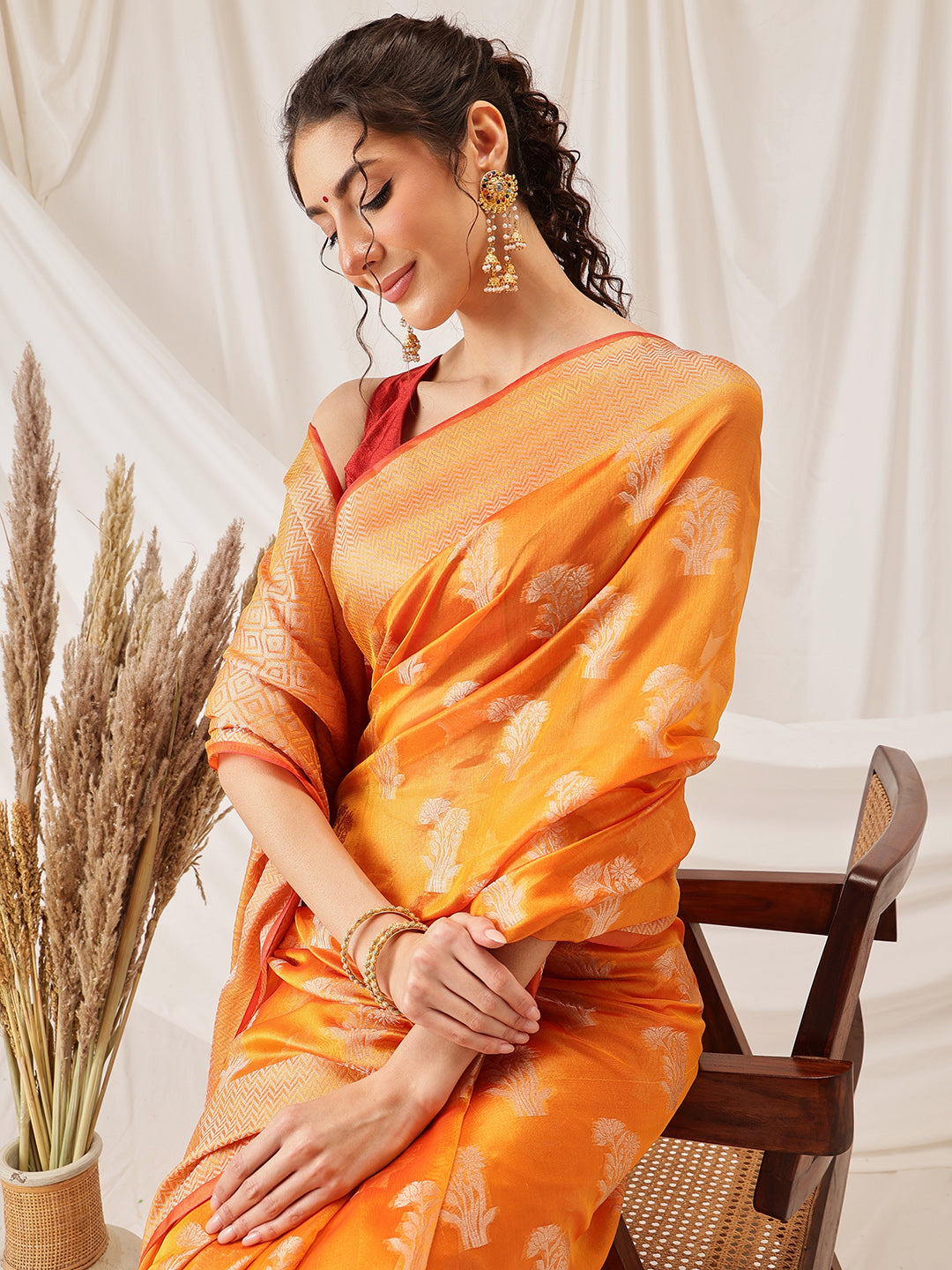 Hiral Fashion Yellow Banarasi Organza Silk Floral Woven Design Saree