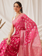 Hiral Fashion Pink Banarasi Organza Silk Floral Woven Design Saree
