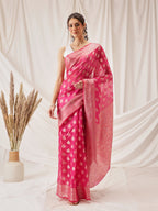 Hiral Fashion Pink Banarasi Organza Silk Floral Woven Design Saree