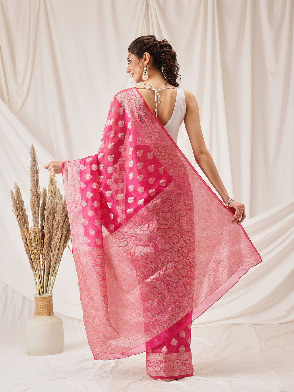 Hiral Fashion Pink Banarasi Organza Silk Floral Woven Design Saree