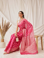 Hiral Fashion Pink Banarasi Organza Silk Floral Woven Design Saree