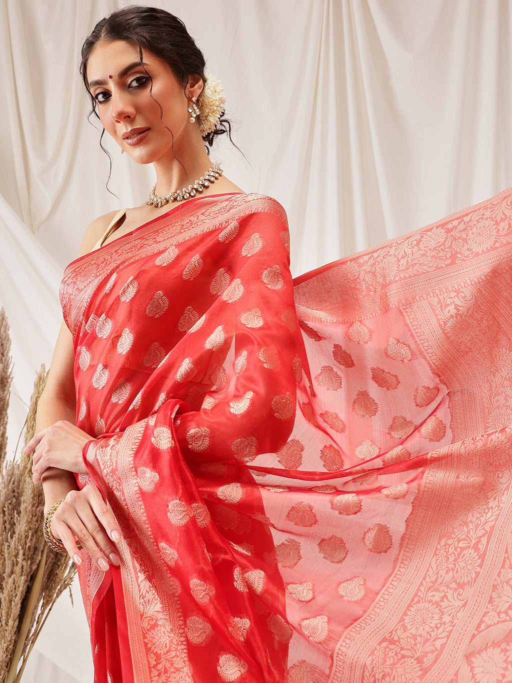 Hiral Fashion Red Banarasi Organza Silk Floral Woven Design Saree