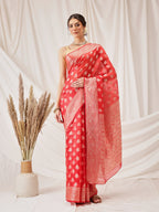 Hiral Fashion Red Banarasi Organza Silk Floral Woven Design Saree