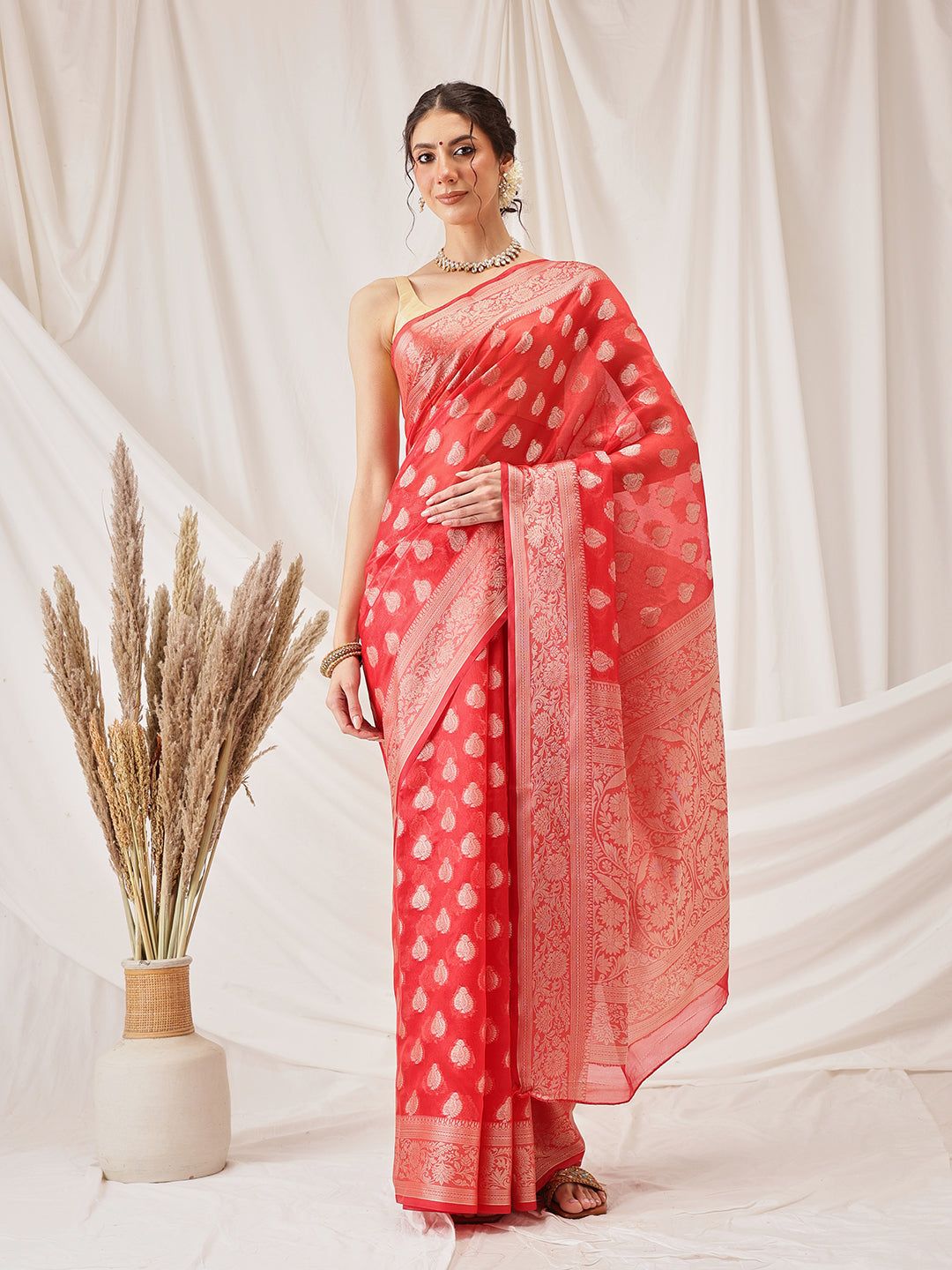 Hiral Fashion Red Banarasi Organza Silk Floral Woven Design Saree