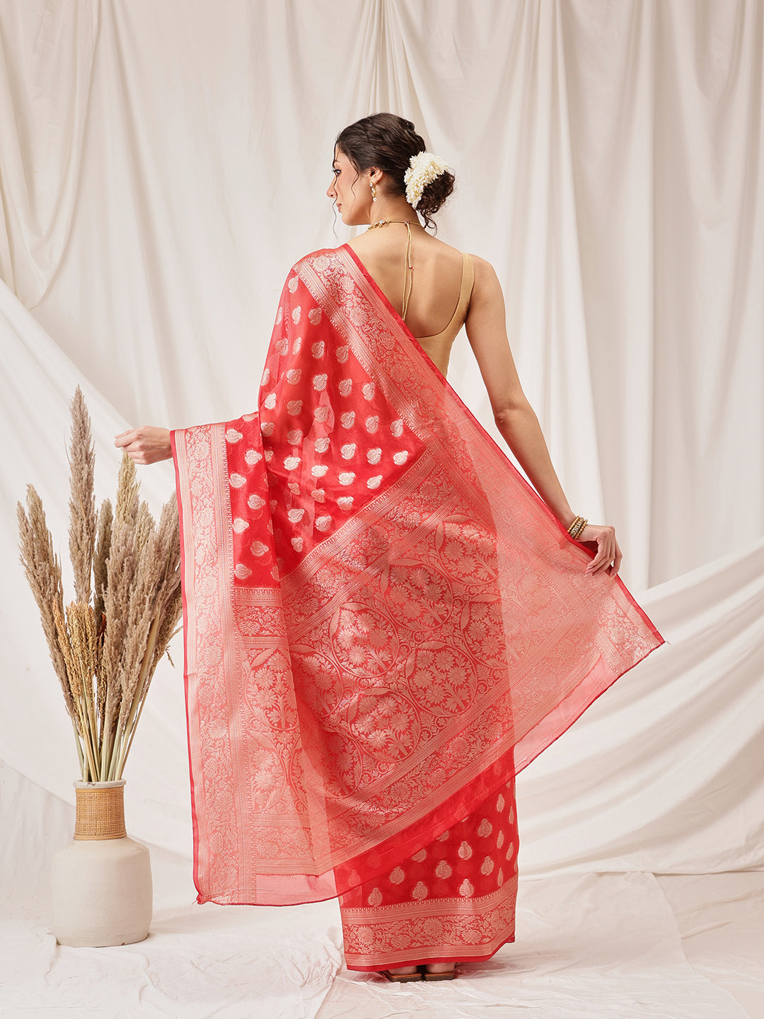 Hiral Fashion Red Banarasi Organza Silk Floral Woven Design Saree