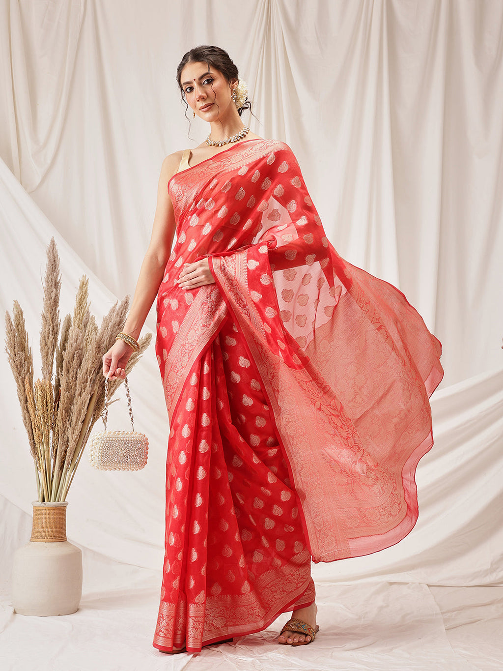 Hiral Fashion Red Banarasi Organza Silk Floral Woven Design Saree