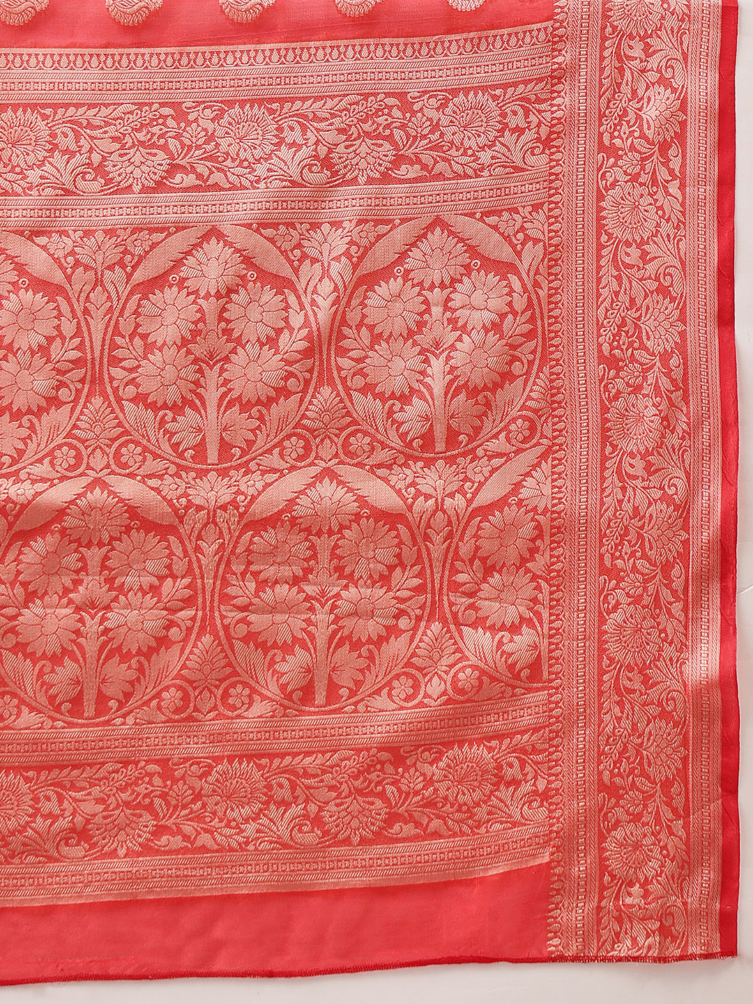Hiral Fashion Red Banarasi Organza Silk Floral Woven Design Saree