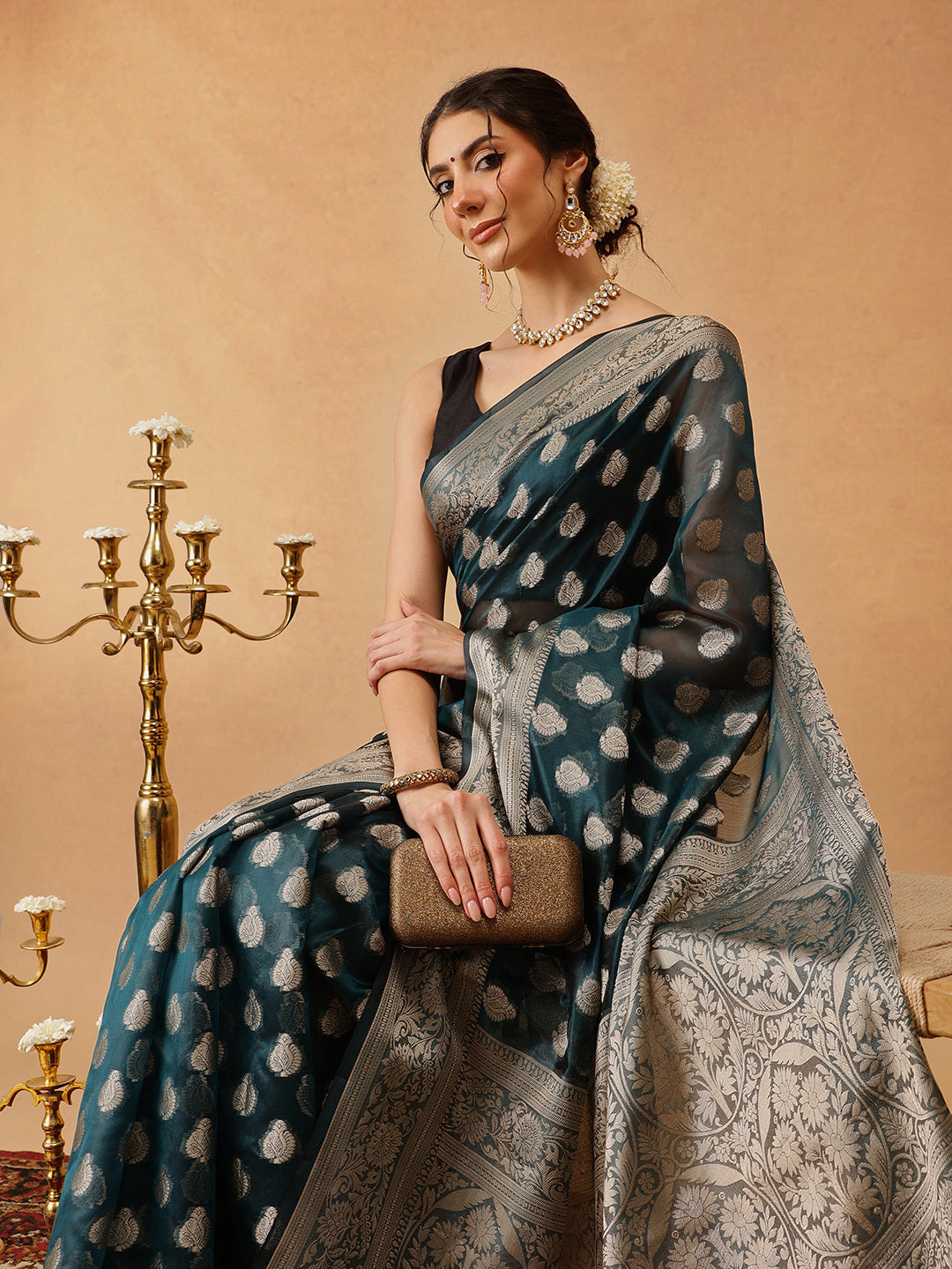 Hiral Fashion Teal Banarasi Organza Silk Floral Woven Design Saree
