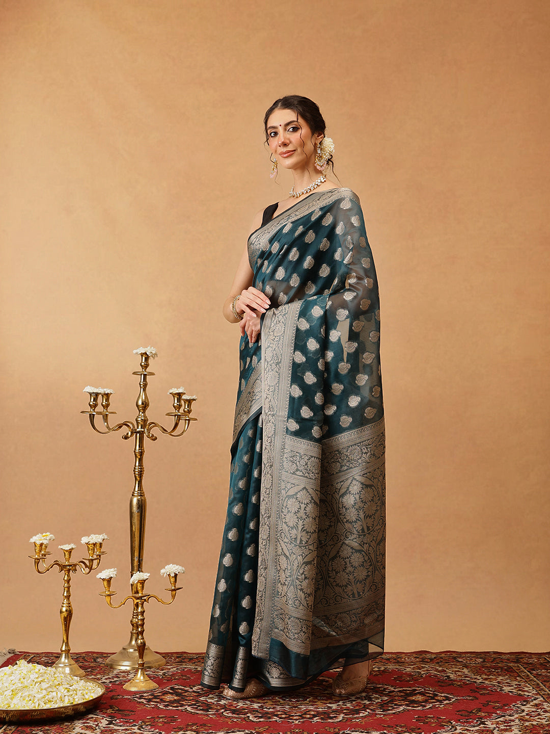 Hiral Fashion Teal Banarasi Organza Silk Floral Woven Design Saree