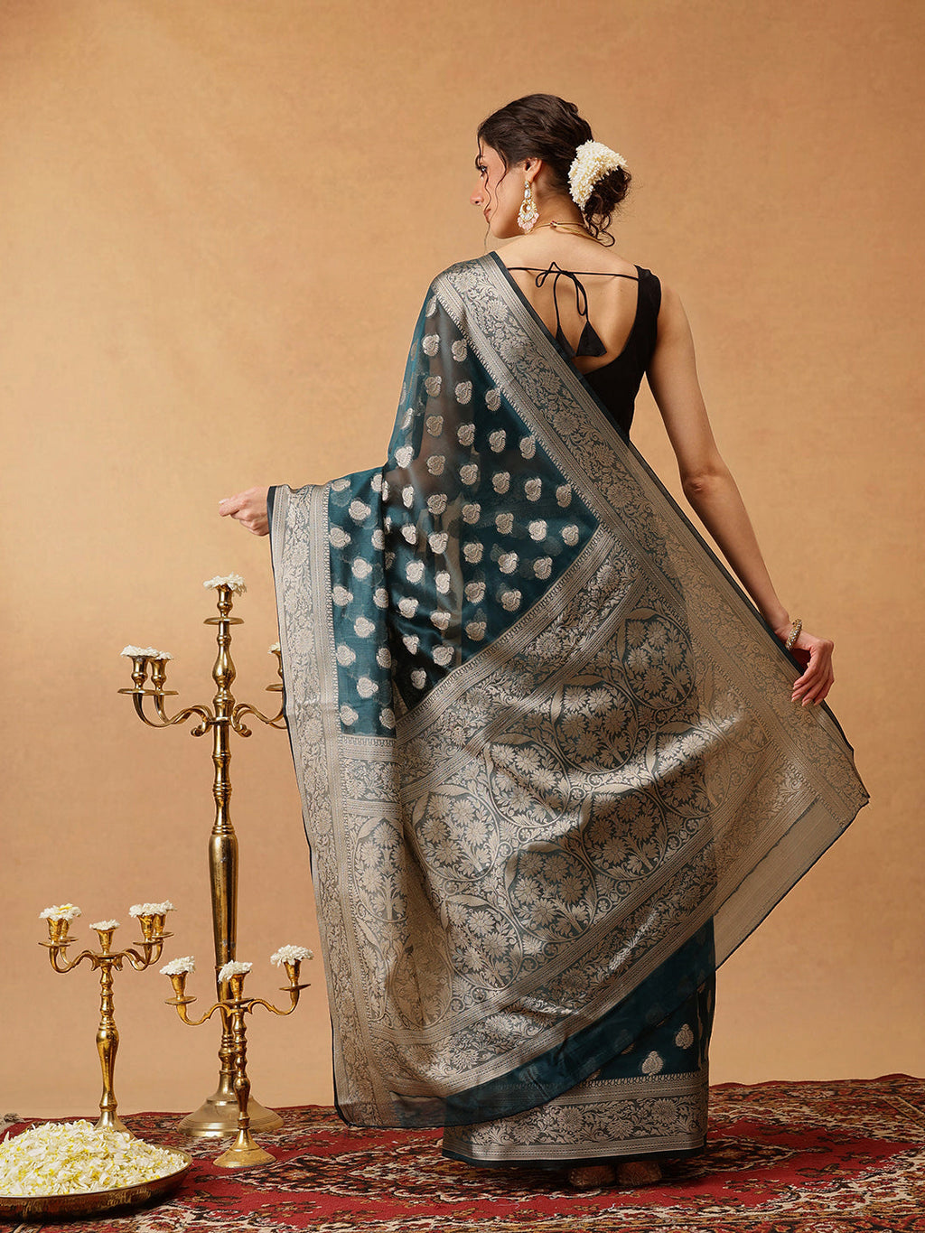 Hiral Fashion Teal Banarasi Organza Silk Floral Woven Design Saree