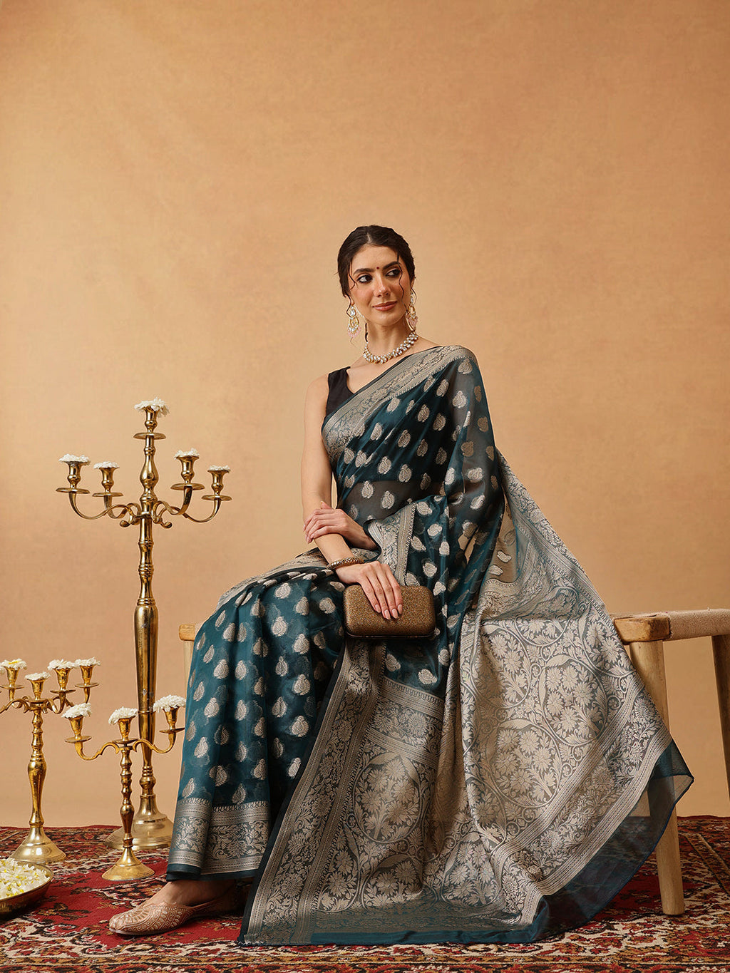 Hiral Fashion Teal Banarasi Organza Silk Floral Woven Design Saree