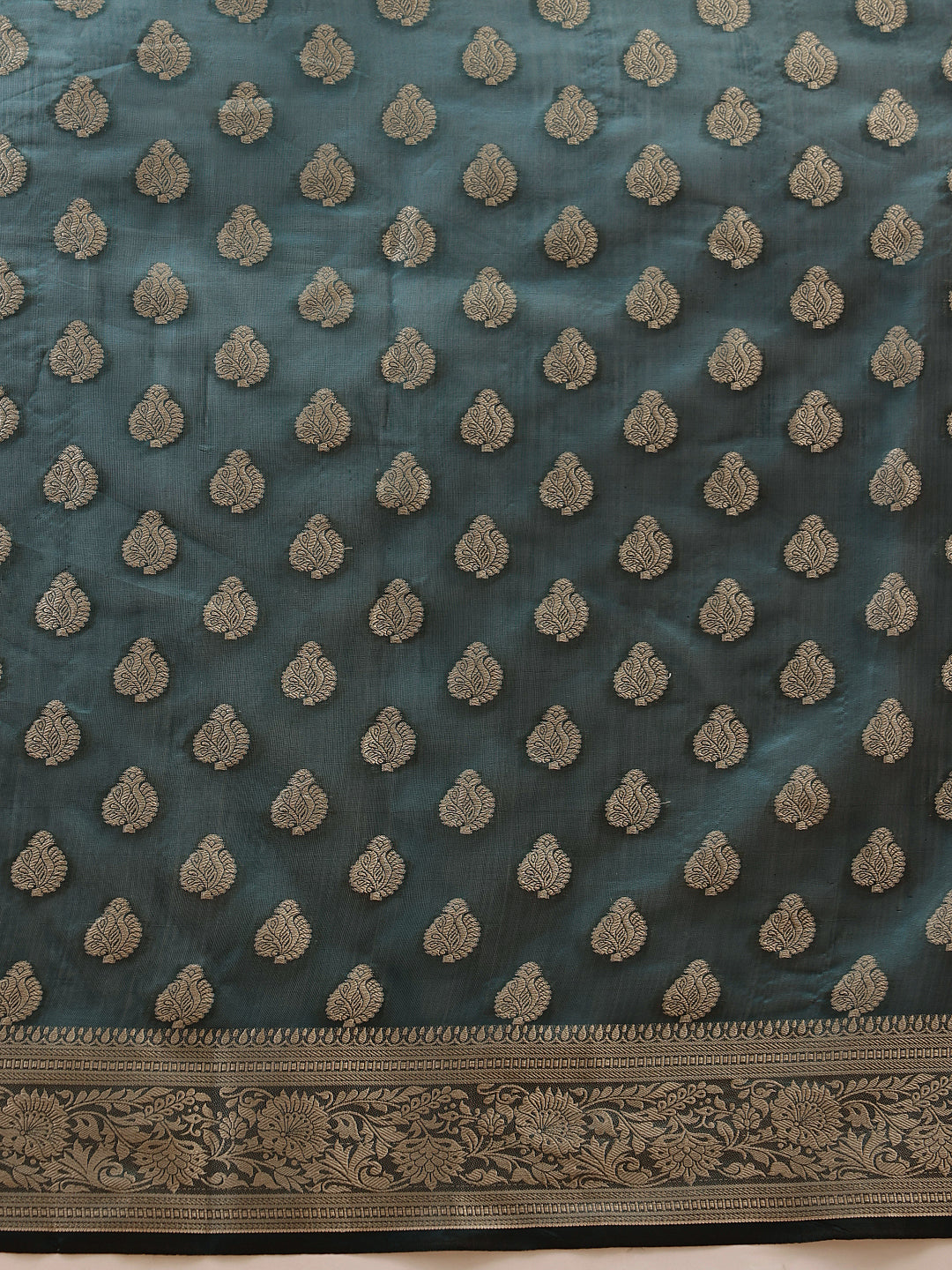 Hiral Fashion Teal Banarasi Organza Silk Floral Woven Design Saree