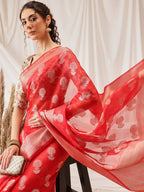 Hiral Fashion Red Banarasi Organza Silk Floral Woven Design Saree