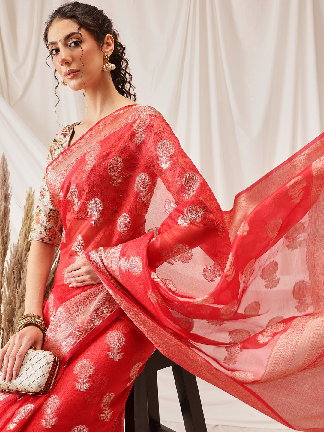 Hiral Fashion Red Banarasi Organza Silk Floral Woven Design Saree