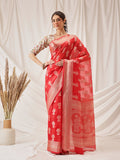 Hiral Fashion Red Banarasi Organza Silk Floral Woven Design Saree