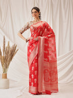 Hiral Fashion Red Banarasi Organza Silk Floral Woven Design Saree