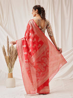 Hiral Fashion Red Banarasi Organza Silk Floral Woven Design Saree