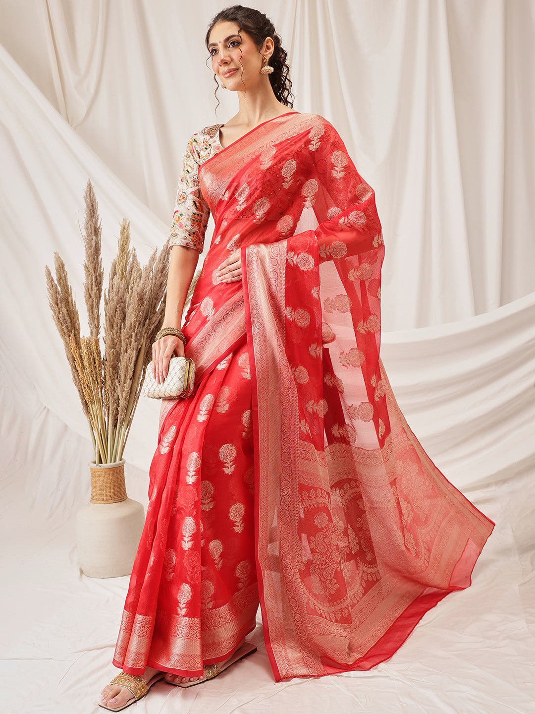Hiral Fashion Red Banarasi Organza Silk Floral Woven Design Saree
