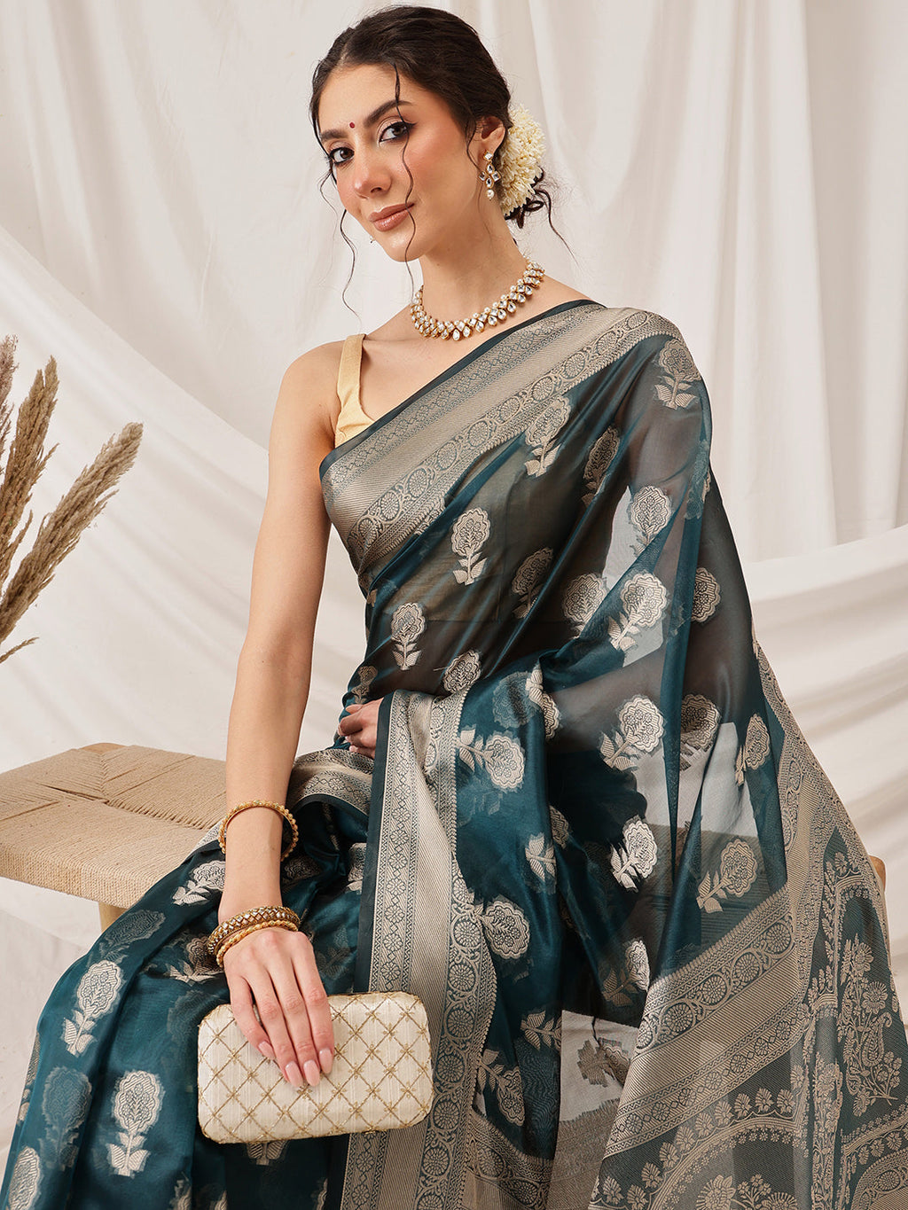 Hiral Fashion Teal Banarasi Organza Silk Floral Woven Design Saree