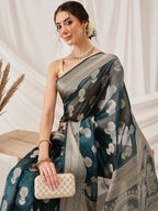 Hiral Fashion Teal Banarasi Organza Silk Floral Woven Design Saree