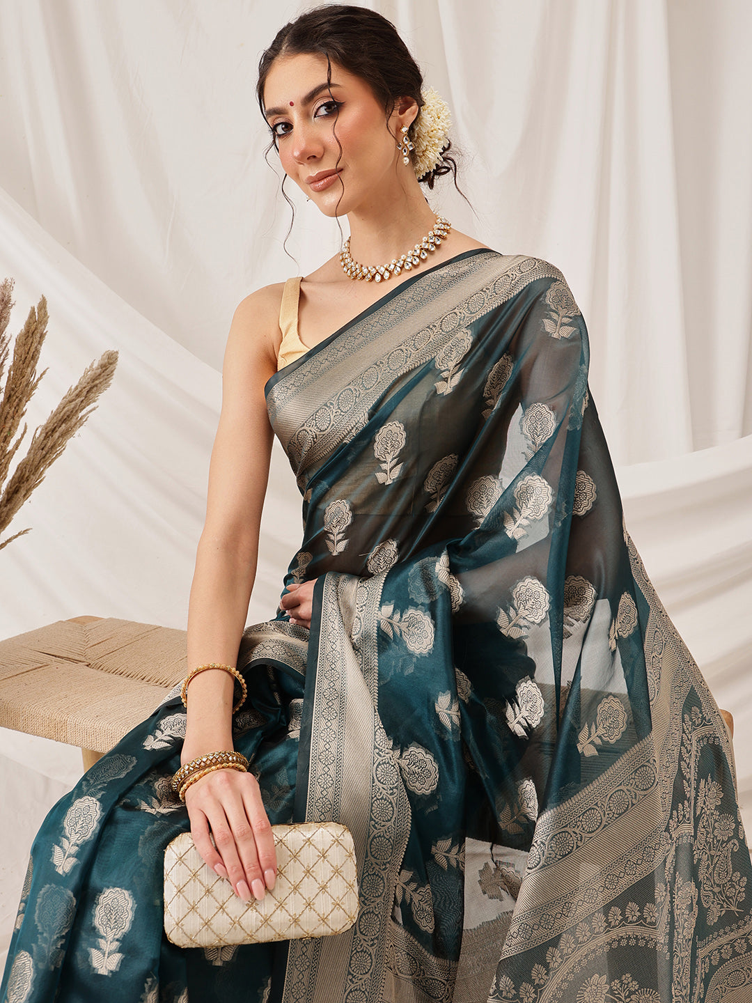 Hiral Fashion Teal Banarasi Organza Silk Floral Woven Design Saree