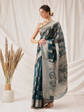 Hiral Fashion Teal Banarasi Organza Silk Floral Woven Design Saree
