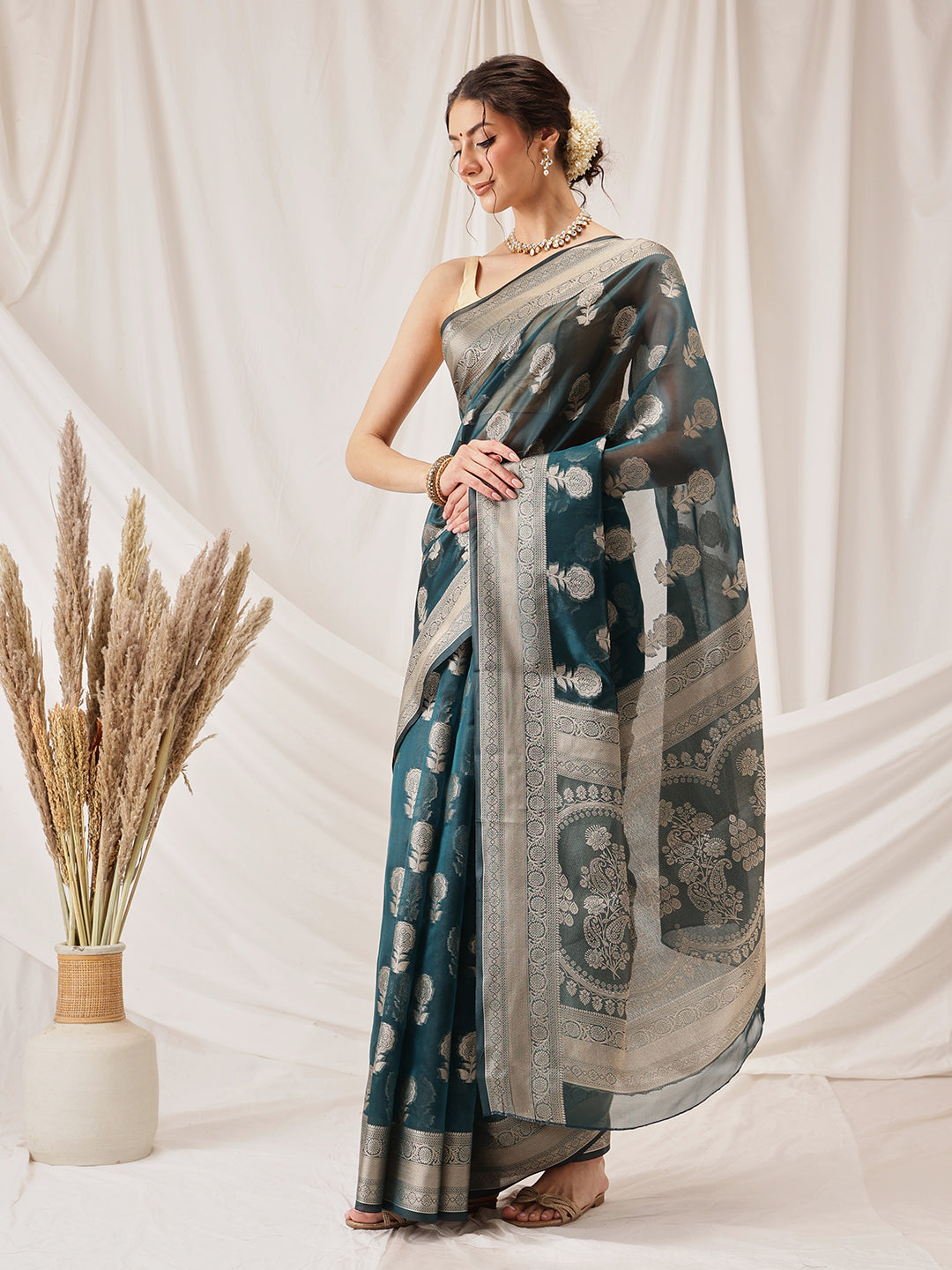 Hiral Fashion Teal Banarasi Organza Silk Floral Woven Design Saree