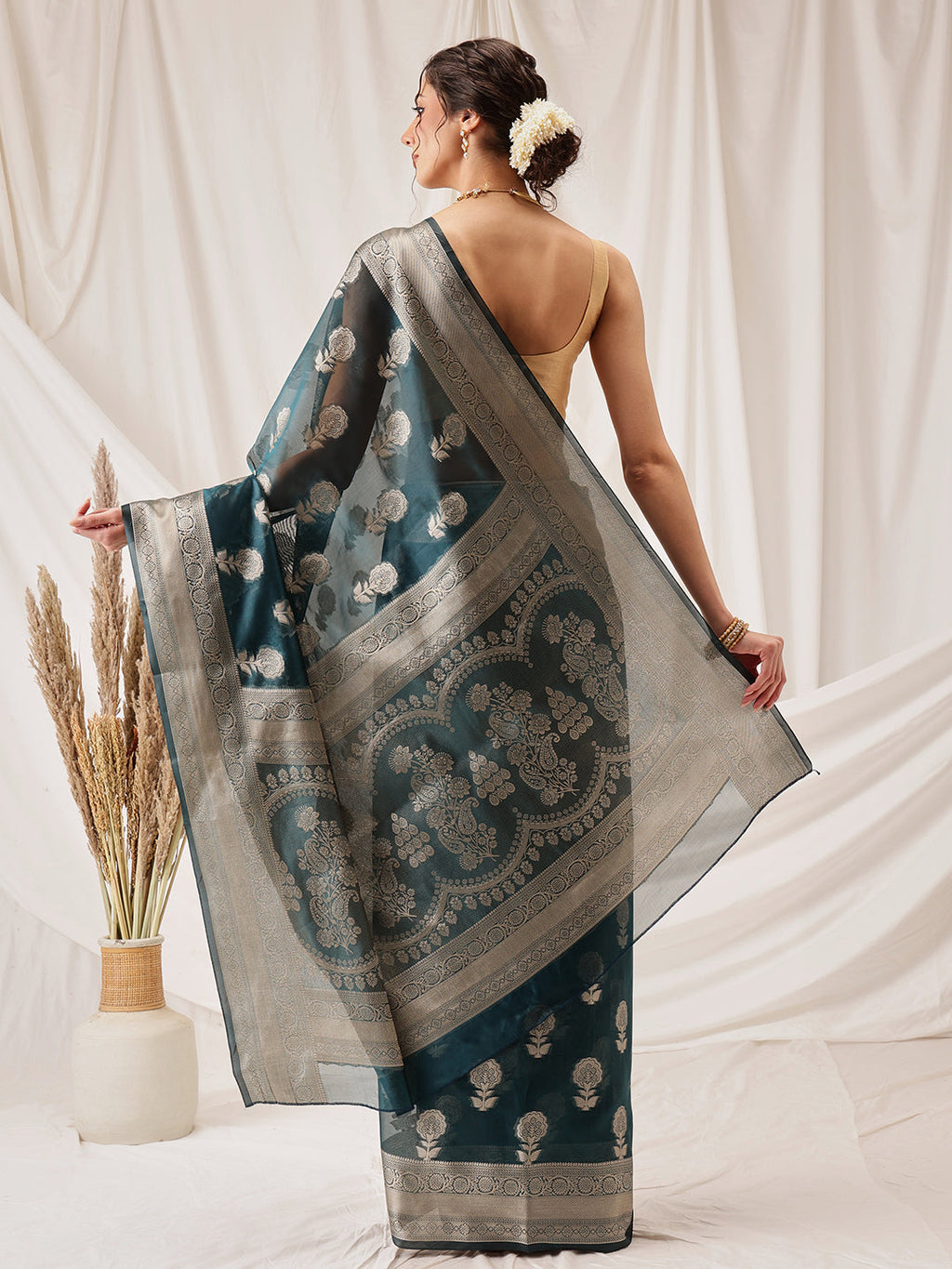 Hiral Fashion Teal Banarasi Organza Silk Floral Woven Design Saree