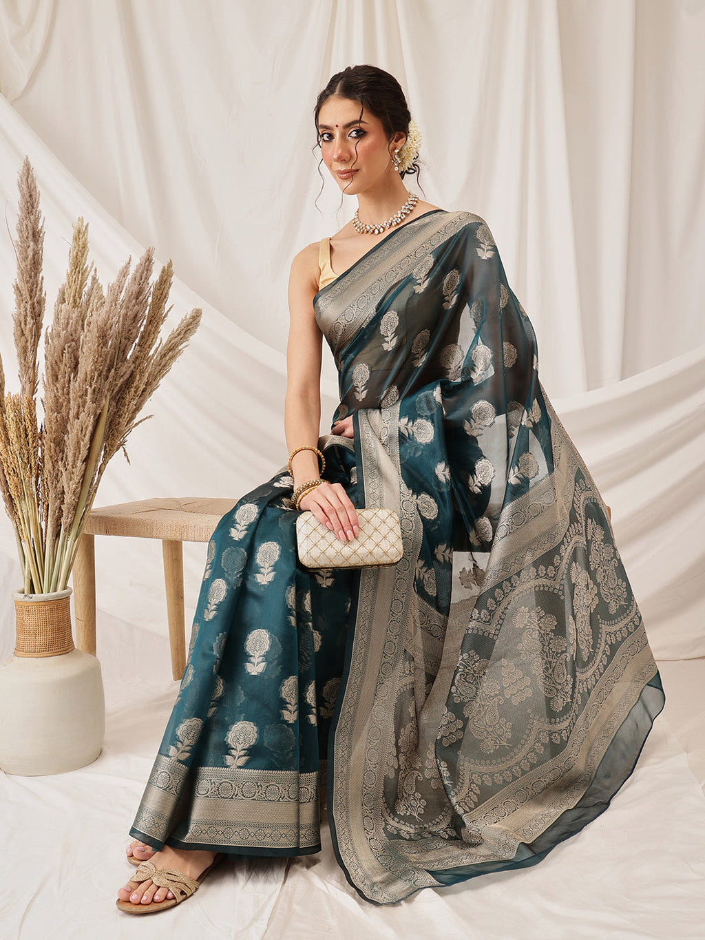 Hiral Fashion Teal Banarasi Organza Silk Floral Woven Design Saree