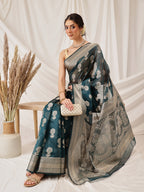 Hiral Fashion Teal Banarasi Organza Silk Floral Woven Design Saree