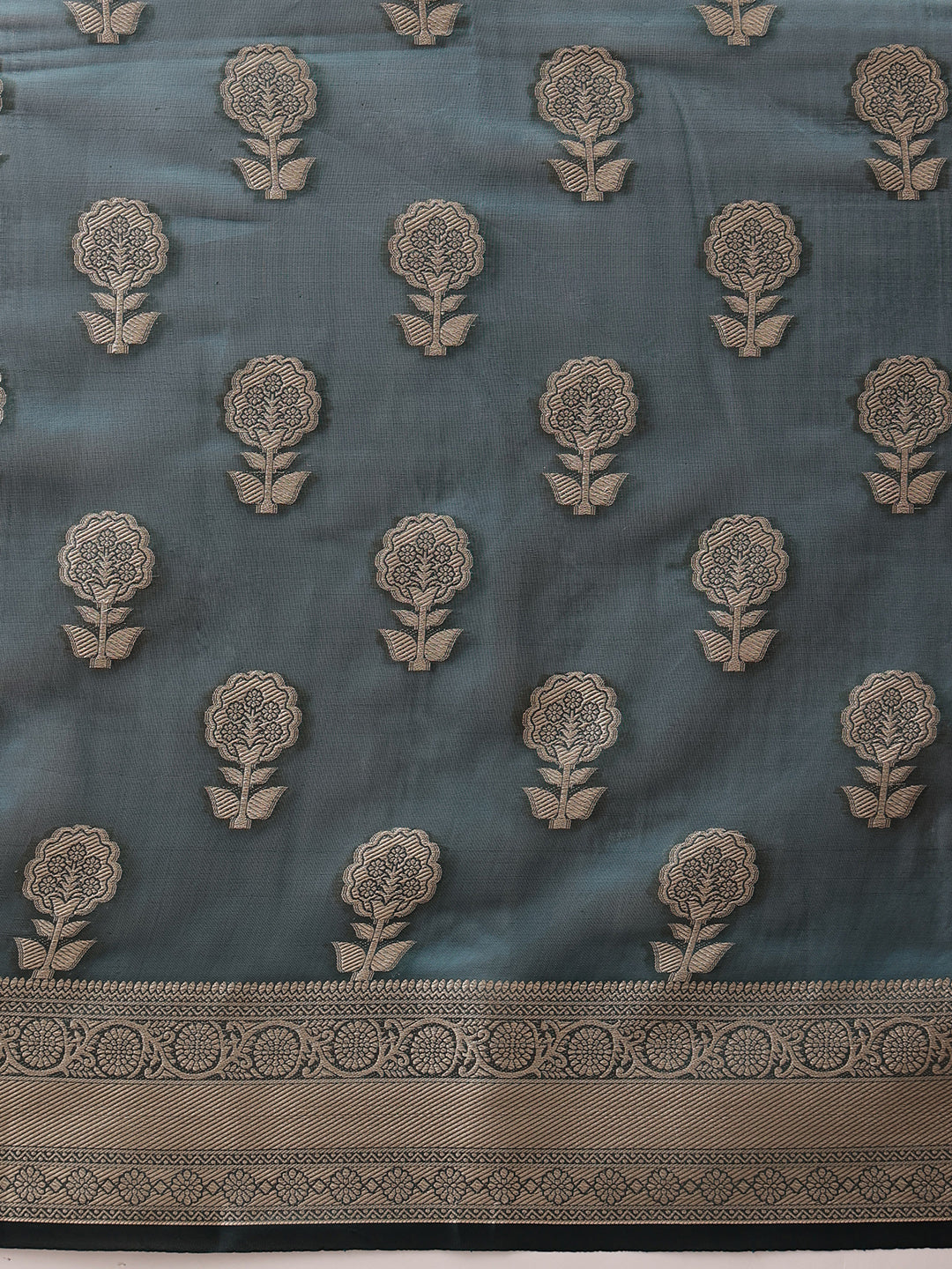 Hiral Fashion Teal Banarasi Organza Silk Floral Woven Design Saree