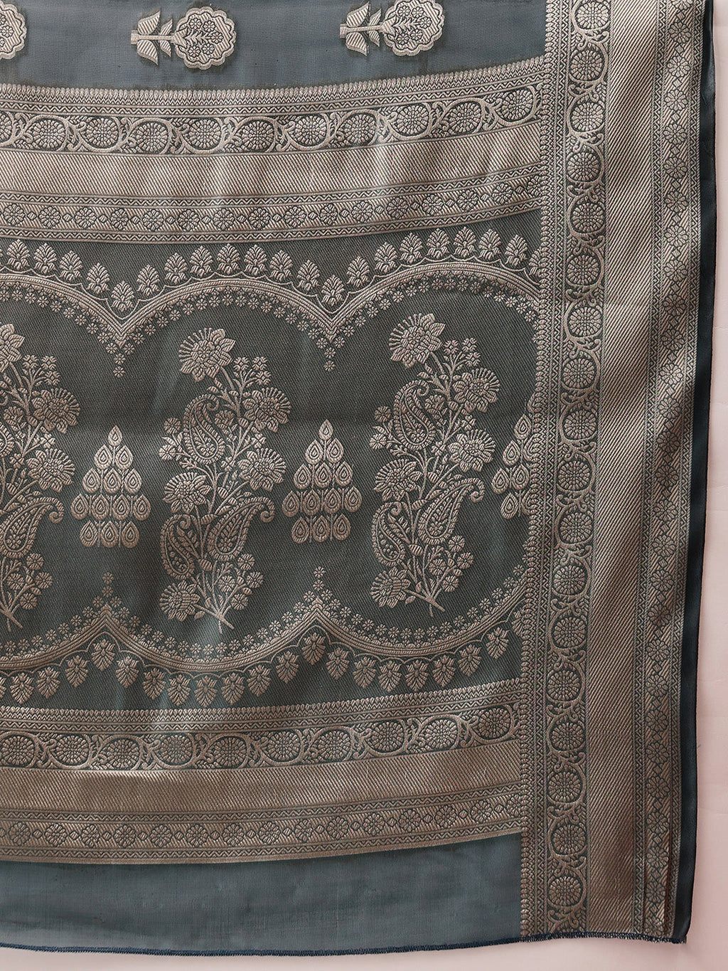 Hiral Fashion Teal Banarasi Organza Silk Floral Woven Design Saree