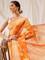 Hiral Fashion Yellow Banarasi Organza Silk Floral Woven Design Saree